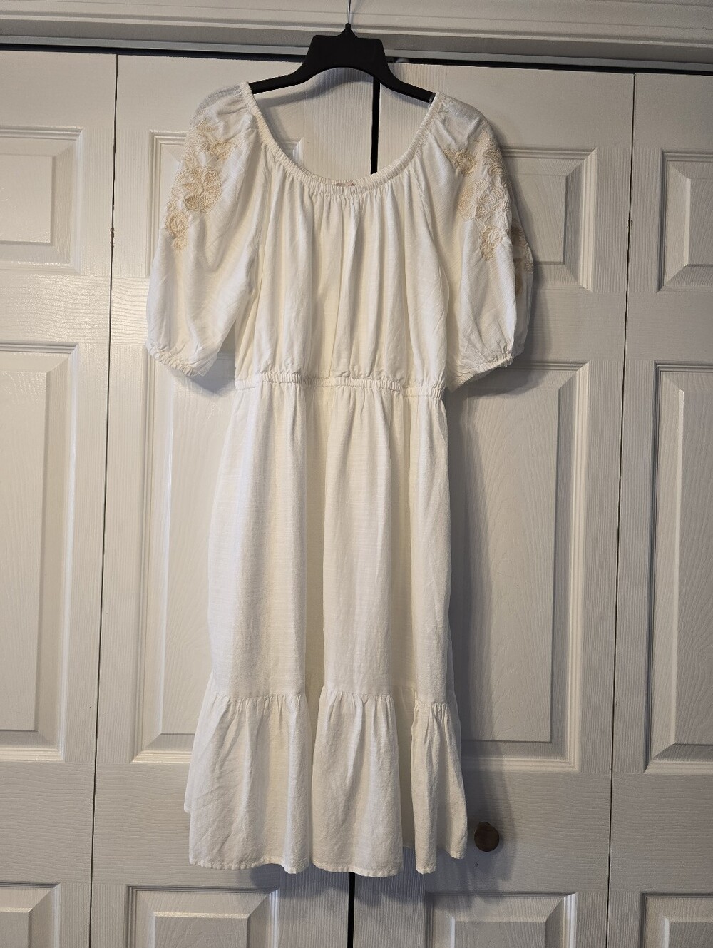 Knox Rose Women's Cotton Viscosa White Puff Sleeve Midi Embroidered Dress Size M